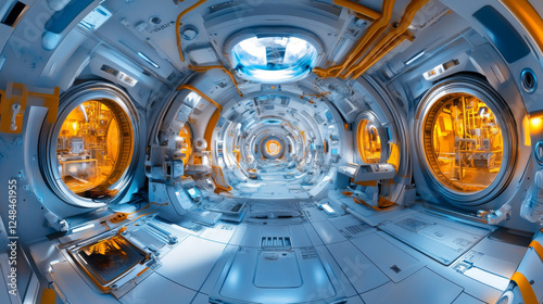360 degree panorama of dark modern futuristic technology station space ship sci-fi laboratory. 3d render illustration hdr hdri vr virtual reality environment map