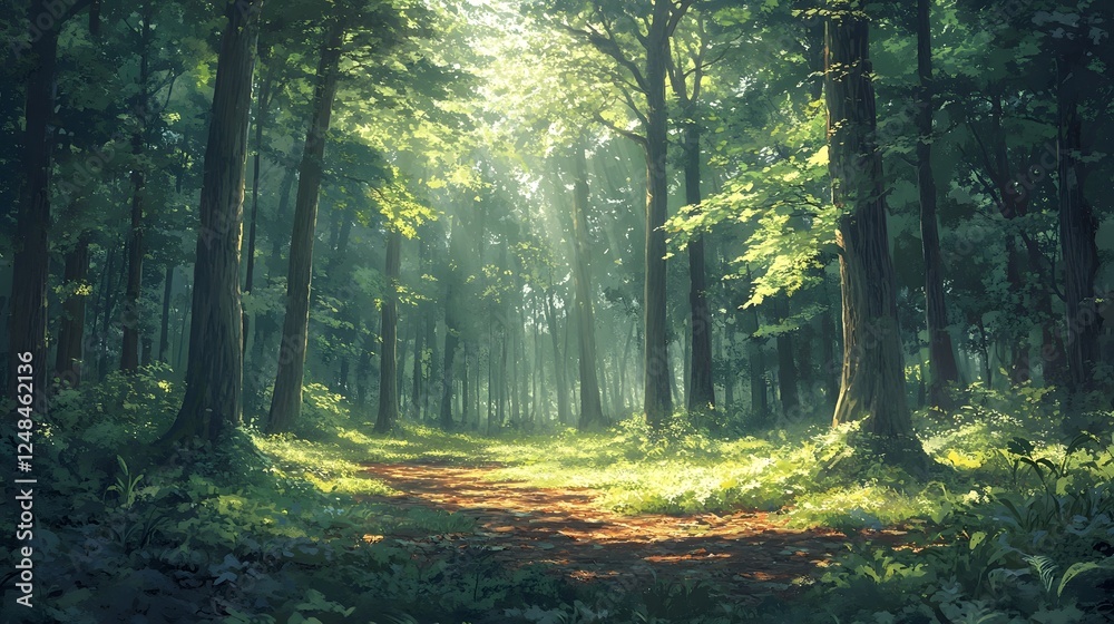 Obraz premium Serene Forest Landscape with Sunlit Rays Casting on Lush Greenery and Biodiversity