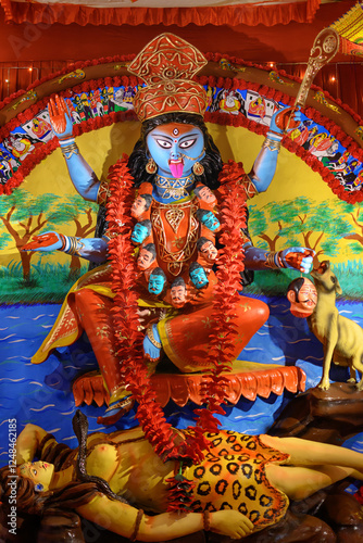 Obraz na plátně Idol of Goddess Maa Kali at a decorated puja pandal in West Bengal, India, during Kali puja, a famous religious festival of Hinduism
