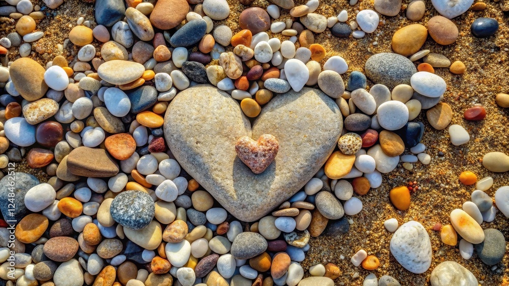 A Heart of Stone Nestled Among Colorful Pebbles on a Sandy Beach, a Symbol of Love and Nature's Beauty A Heart of Stone Nestled Among Colorful Pebbles on a Sandy Beach, a Symbol of Love and Nature's Beauty