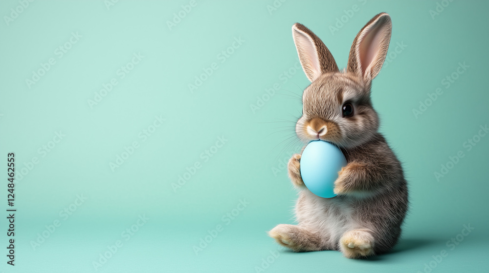 Obraz premium A small bunny holds an Easter egg on a flat background, ready for personalization.
