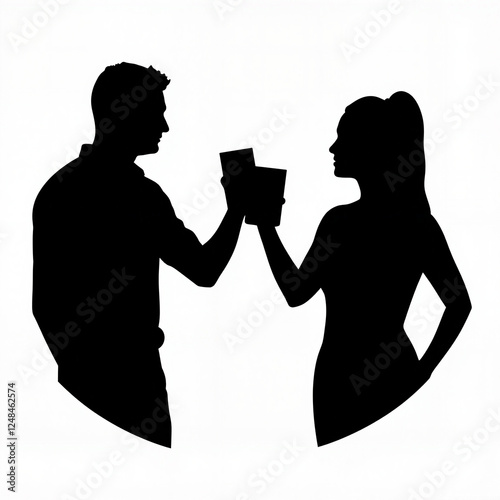 Cheers with beer mugs, joyful celebration, black and white silhouette