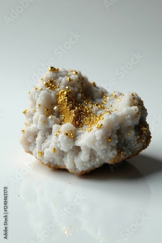 Antimonite with silver and gold inclusions on a pristine white surface, gold, rock, silver photo