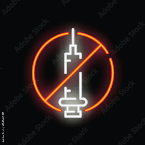 Neon sign showing a syringe crossed out with a red prohibition sign, conveying a message against vaccination