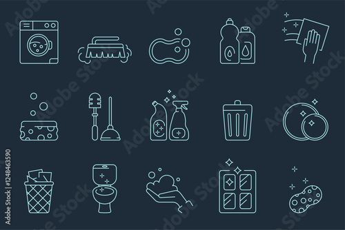 Disinfect hand icon. Clean toilet sanitary. Foam sponge. Soap froth bubble. Bath cleaning. Dish wash bottle. Vacuum cleaner. Bathroom plunger. Dustbin or cleanser dispenser. Vector line symbols set