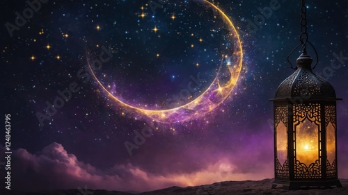 A hanging lantern emits a warm glow amidst a cosmic scene, with a crescent moon and twinkling stars providing a dreamy backdrop.