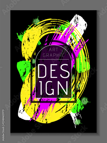 Art graphic design. Paint drops neon, abstract poster, geometry background. Menu cover. Typography template. Trendy ink blot. Creative smear and stain, cartoon flat style isolated vector illustration