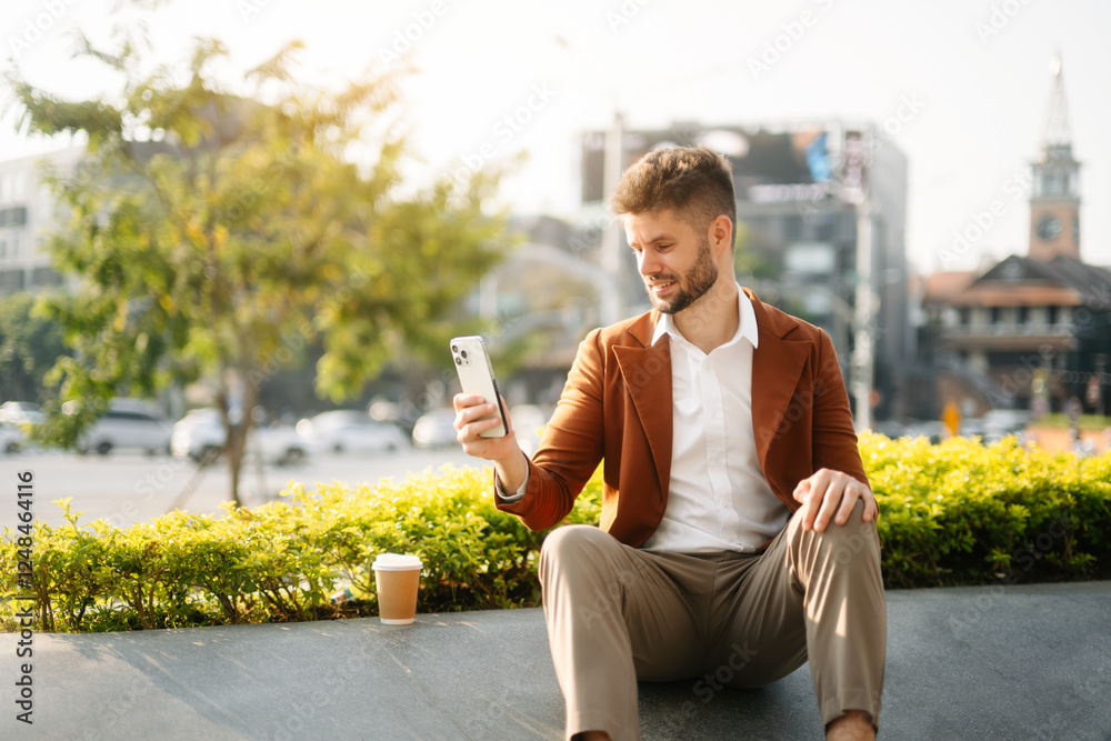 Handsome unshaven businessman walking with laptop, tablet and smartphone on city Handsome unshaven businessman walking with laptop, tablet and smartphone on city