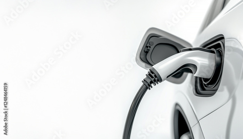 Close-up EV plug connected white modern EV Car for recharging battery energy isolated on white background, green energy on zero emission and copy space photo