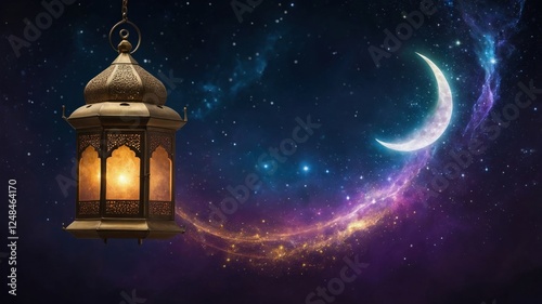 A beautifully crafted lantern hangs against a cosmic backdrop, with a crescent moon and swirling galaxies adding to the mystical atmosphere.