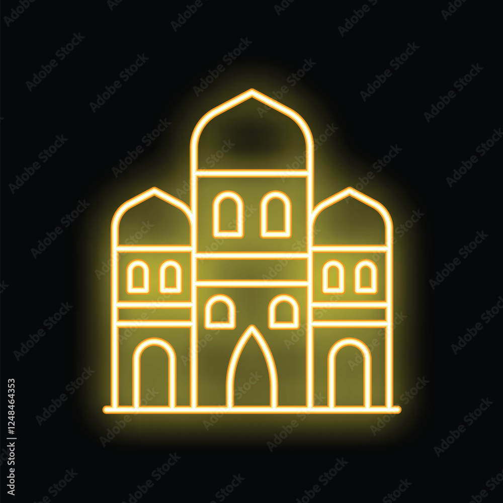 Yellow neon sign representing a mosque building, with its minarets and domes, glowing on a black background Yellow neon sign representing a mosque building, with its minarets and domes, glowing on a black background