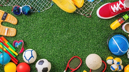 Colorful sports equipment on artificial grass; summer fun; ready for play; background for kids' party