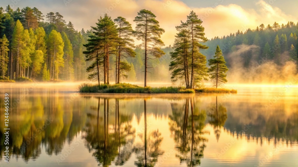 Obraz premium Serene Sunrise over a Misty Lake with Coniferous Trees on a Small Island Reflecting in Calm Waters