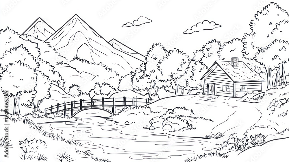 Mountain cabin river scene; idyllic coloring page Mountain cabin river scene; idyllic coloring page