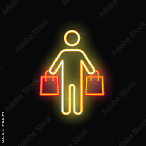 Neon sign of a person holding shopping bags, representing the concept of retail therapy and consumerism