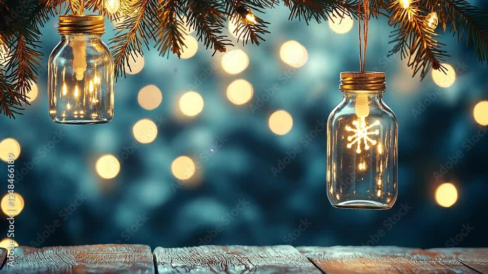 winter boho light bottle hanging on coniferous Christmas tree with bokeh light abstract background, wooden plank board 
