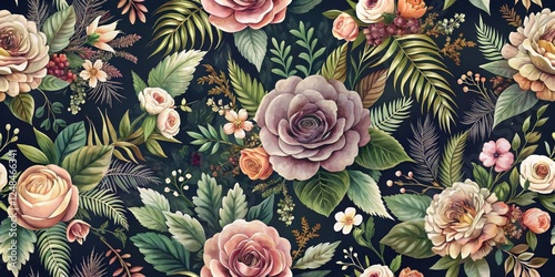 Luxurious Floral Pattern Featuring Varied Roses and Lush Tropical Foliage on a Deep Midnight Background