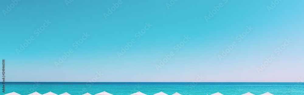 Obraz premium Clear blue sky over calm turquoise ocean with white beach umbrellas.