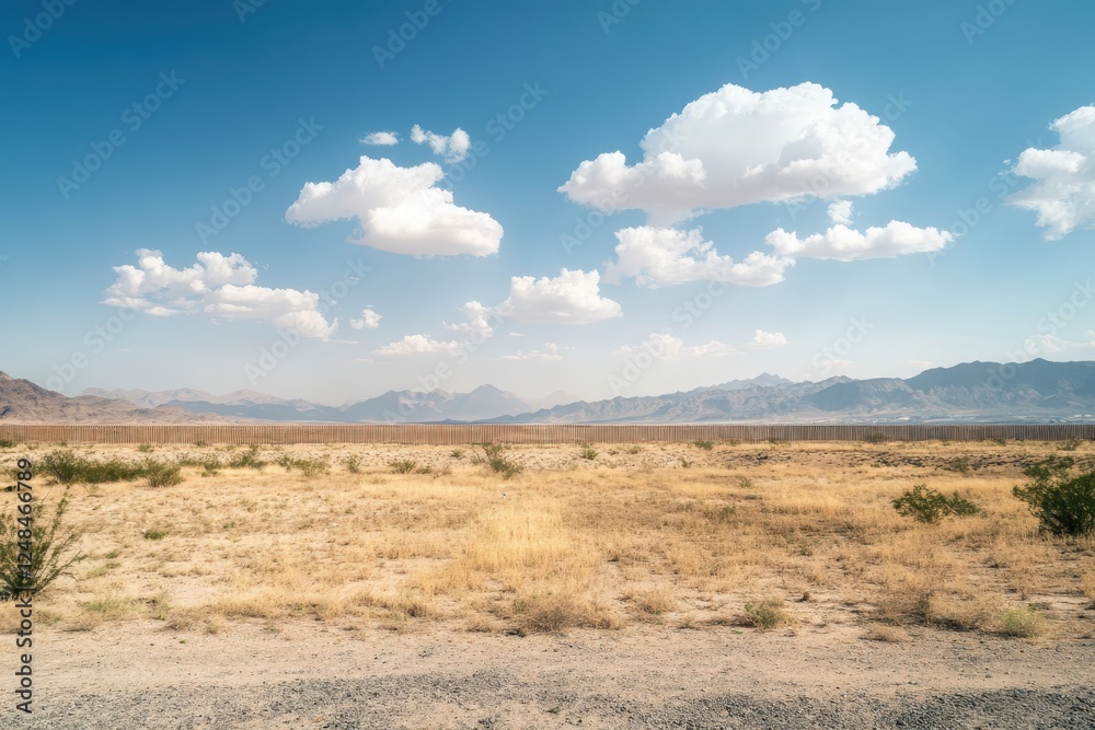 Fototapeta premium Vast desert landscape with fluffy white clouds
