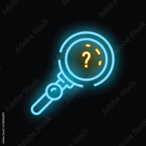 Neon magnifying glass searching for answers icon illustration