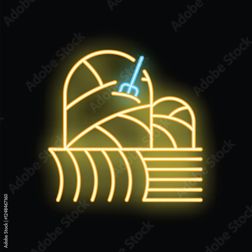 Bright yellow neon sign depicting hay bales and a pitchfork, symbolizing agriculture and farming practices