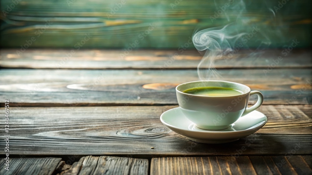 Aromatic Steam Rising From a Cup of Green Tea on Rustic Wooden Table Aromatic Steam Rising From a Cup of Green Tea on Rustic Wooden Table