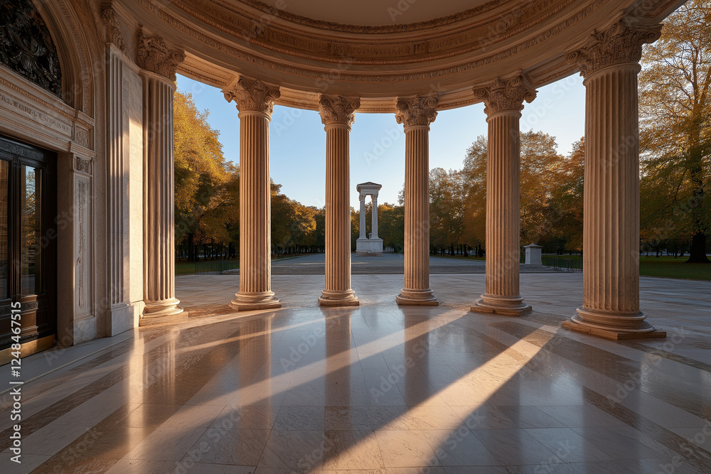 A large, empty room with columns and a statue in the center A large, empty room with columns and a statue in the center