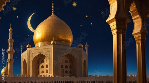 A striking close-up of a golden dome and minaret, beautifully illuminated under a deep blue sky filled with stars and a crescent moon.