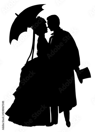 Romantic silhouette of young victorian couple in which woman and man are going to kiss 