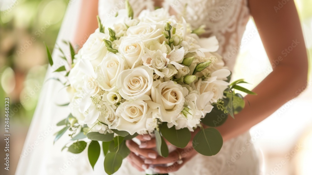 Bride holding white rose bouquet, garden backdrop, wedding Bride holding white rose bouquet, garden backdrop, wedding