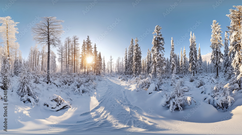 Naklejka premium Snowy landscape with trees 360 panorama vr environment map. 3D Illustration