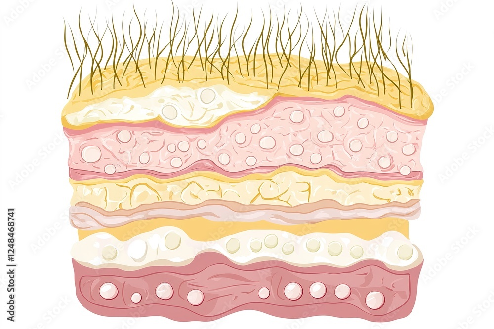 Diagram showcasing the three main layers of human skin: epidermis, dermis, and hypodermis. Each layer is depicted with distinct textures and colors on a white background Diagram showcasing the three main layers of human skin: epidermis, dermis, and hypodermis. Each layer is depicted with distinct textures and colors on a white background