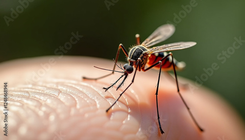 Mosquito biting human skin in close-up photo