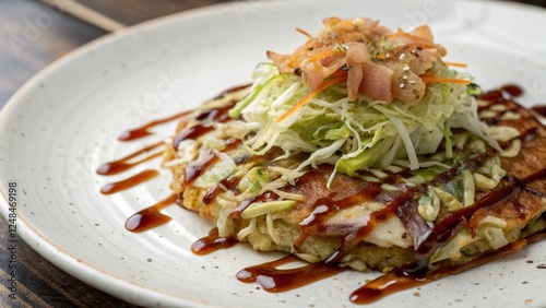 Japanese Okonomiyaki Pancake with Toppings Traditional Street Food photo