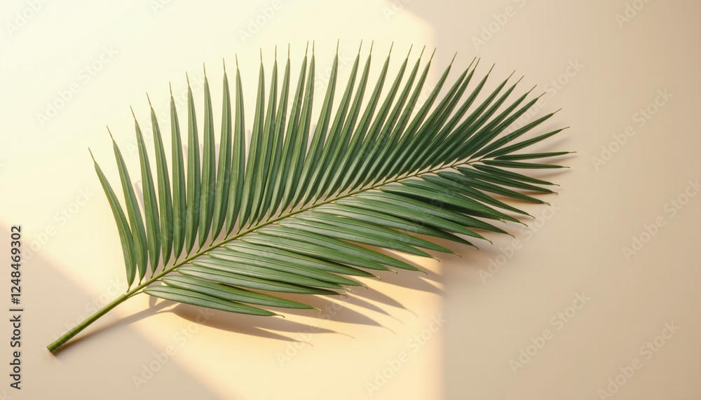 Obraz premium Green palm leaf on neutral background
