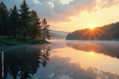 Trees reflected in a mirror-like lake surface at dawn, natural, trees