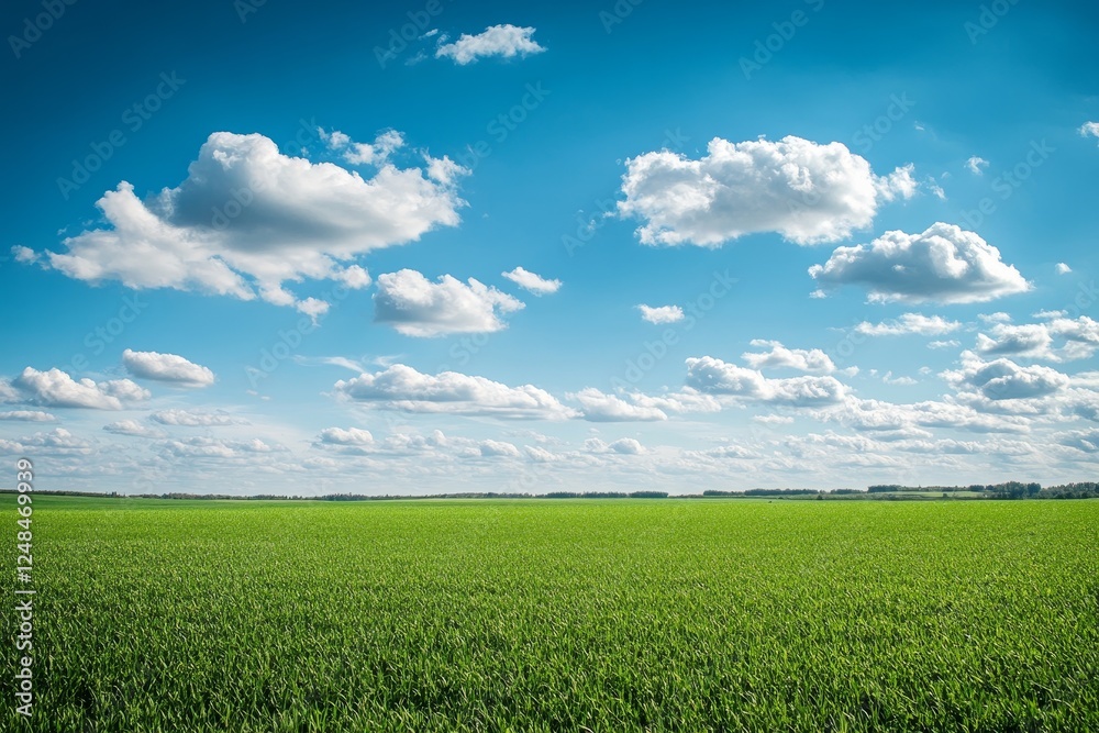 Wide open field under a vibrant blue sky with fluffy clouds Wide open field under a vibrant blue sky with fluffy clouds