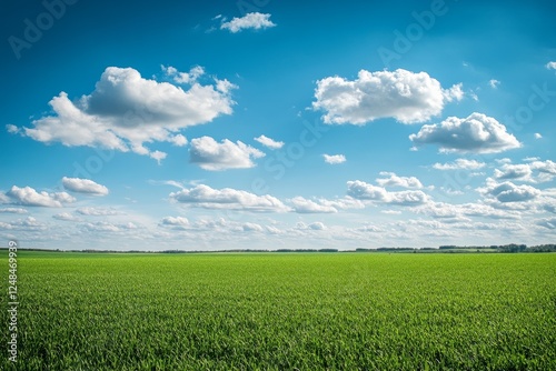 Wide open field under a vibrant blue sky with fluffy clouds photo