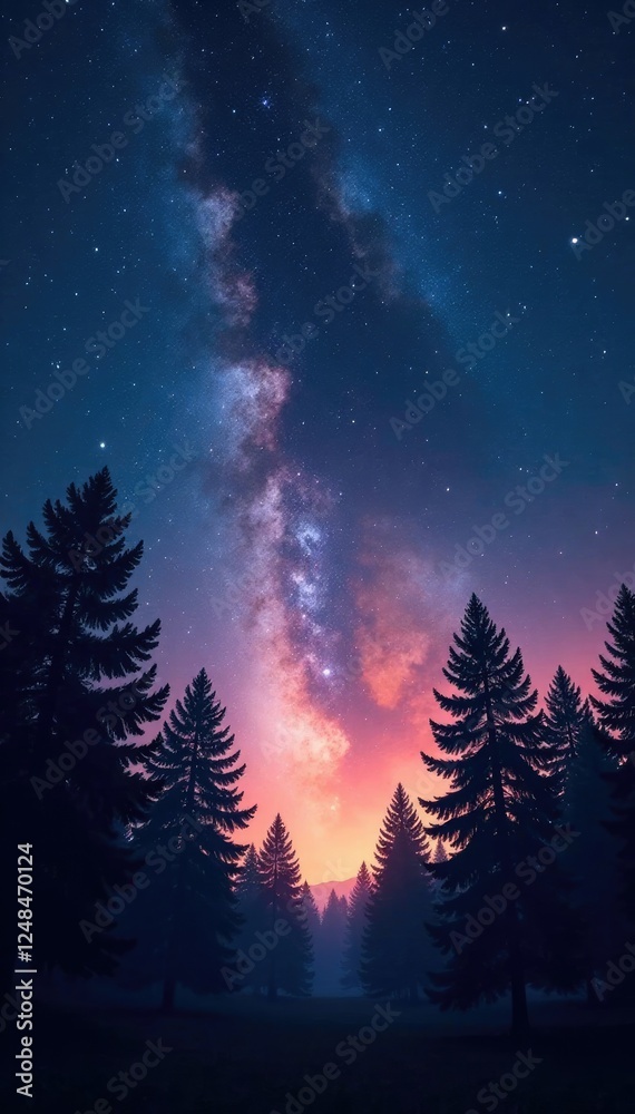 Naklejka premium Twinkly lights and starry sky above the trees, serene, stars, forest