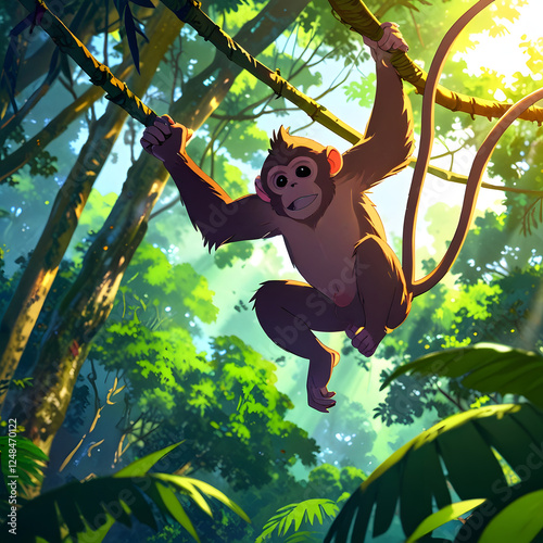 A monkey swinging through the trees in a jungle, lush green vegetation, playful and curious, primate wildlife 3 photo