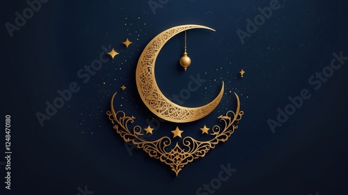 A captivating depiction of a crescent moon with ornate patterns, surrounded by stars and a hanging lantern, creating a feeling of elegance and celebration.
