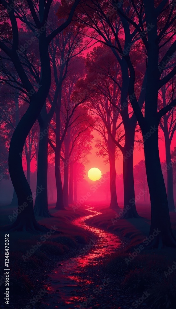 Fototapeta premium Twisted trees and branches in crimson twilight, twilight, branches