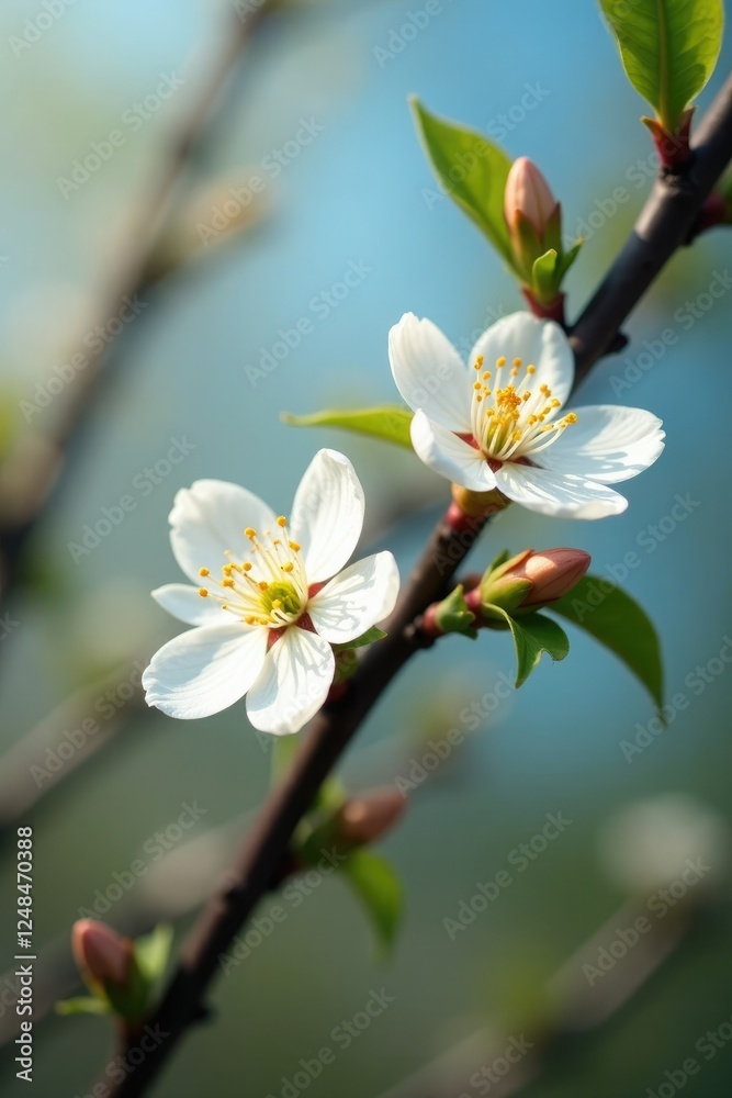 Unripe white flowers slowly begin to bloom on a branch, blossoming, trees