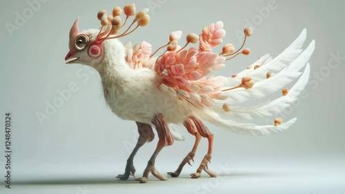 Wallpaper Mural Floral Avian Fantasy: A digitally rendered image of a fantastical creature, a bird-like being adorned with delicate pink blossoms and soft white feathers, against a muted background. Torontodigital.ca