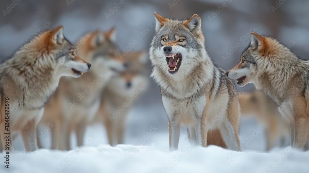 Obraz premium Fierce wolves communicating in snowy wilderness
