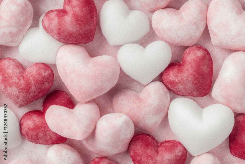 Obraz premium Pastel Red and White Fabric Hearts on Soft Pink Background for Valentine's Day Love Concept