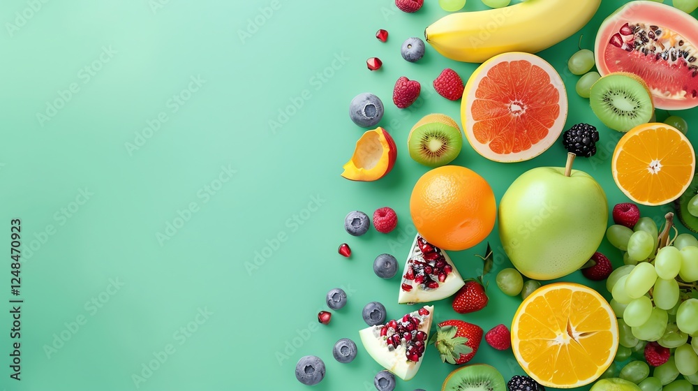 A variety of fresh fruits arranged on a green background. A variety of fresh fruits arranged on a green background.