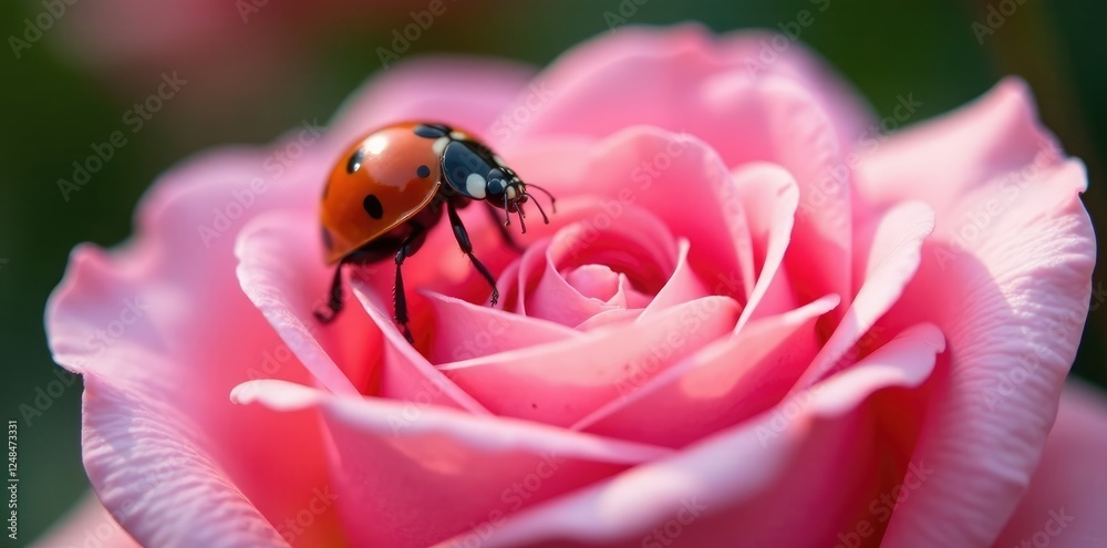 Delicate ladybug perches on velvety pink rose petals, gentle, flower power, macro Delicate ladybug perches on velvety pink rose petals, gentle, flower power, macro