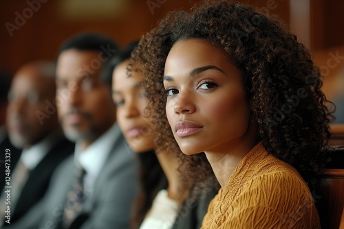  Diverse group of jury members sits in a dedicated jury box, leaning forward slightly, listening closely to the ongoing legal proceedings.