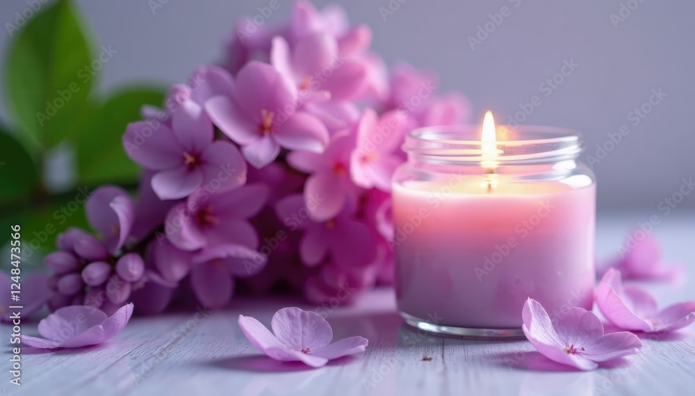 delicate lilac petals against a lit candle jar, soft, lilacs delicate lilac petals against a lit candle jar, soft, lilacs